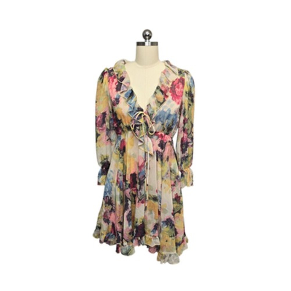 OPT Dress Womens XS Multicolor Floral Ruffle Tie Neck Long Sleeve Chiffon Mini